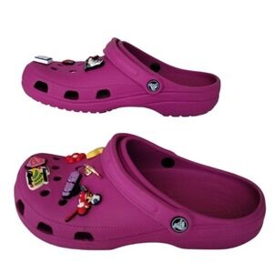 Crocs Unisex Hot Pink With Jibbitz Charms‎ Men 9 Woman 11 Travel Vacation Lounge
